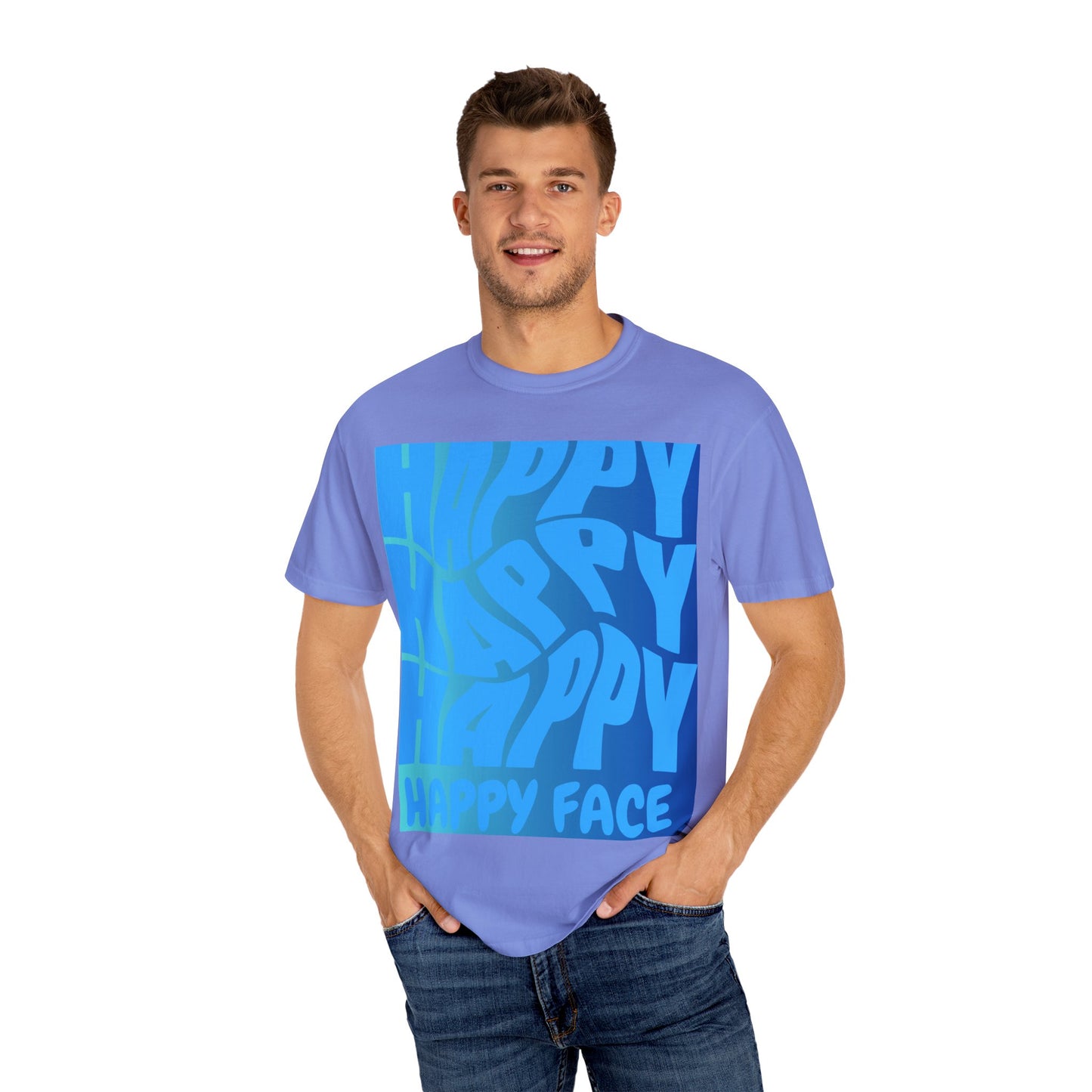 Happy Face Unisex Garment-Dyed T-shirt, Casual Wear, Graphic Tee, Gift for Friends, Summer Clothing, Positive Vibes