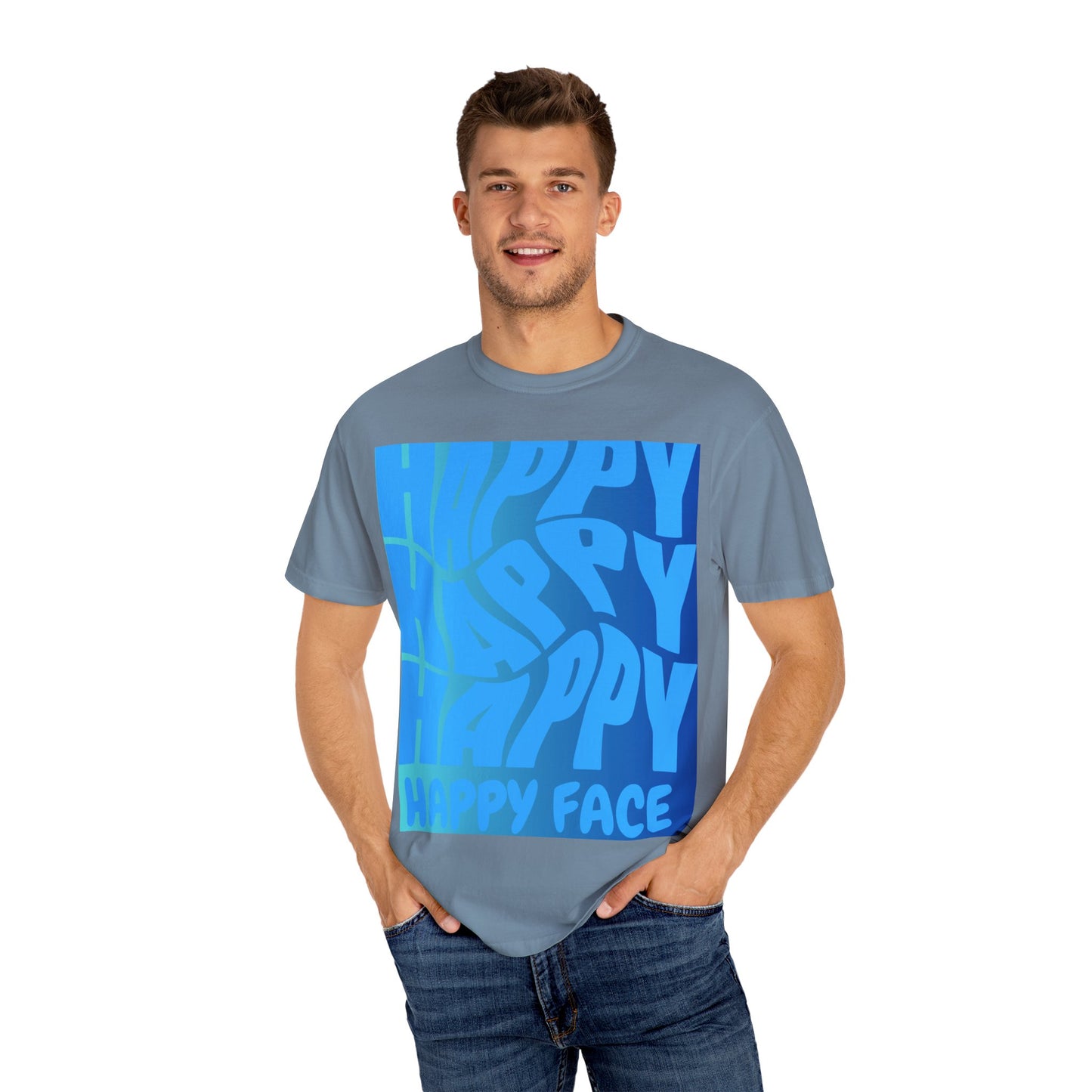 Happy Face Unisex Garment-Dyed T-shirt, Casual Wear, Graphic Tee, Gift for Friends, Summer Clothing, Positive Vibes