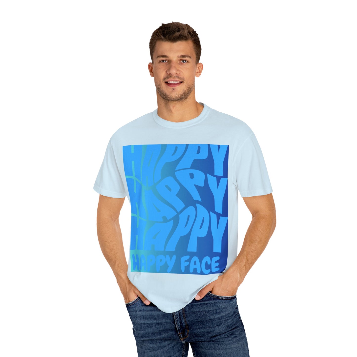 Happy Face Unisex Garment-Dyed T-shirt, Casual Wear, Graphic Tee, Gift for Friends, Summer Clothing, Positive Vibes