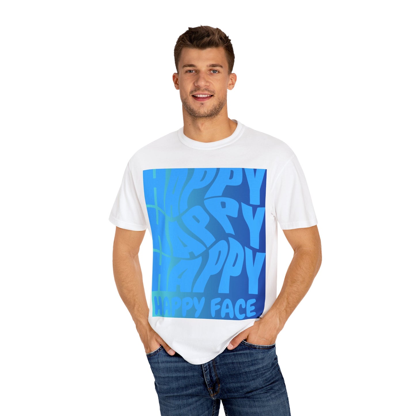 Happy Face Unisex Garment-Dyed T-shirt, Casual Wear, Graphic Tee, Gift for Friends, Summer Clothing, Positive Vibes