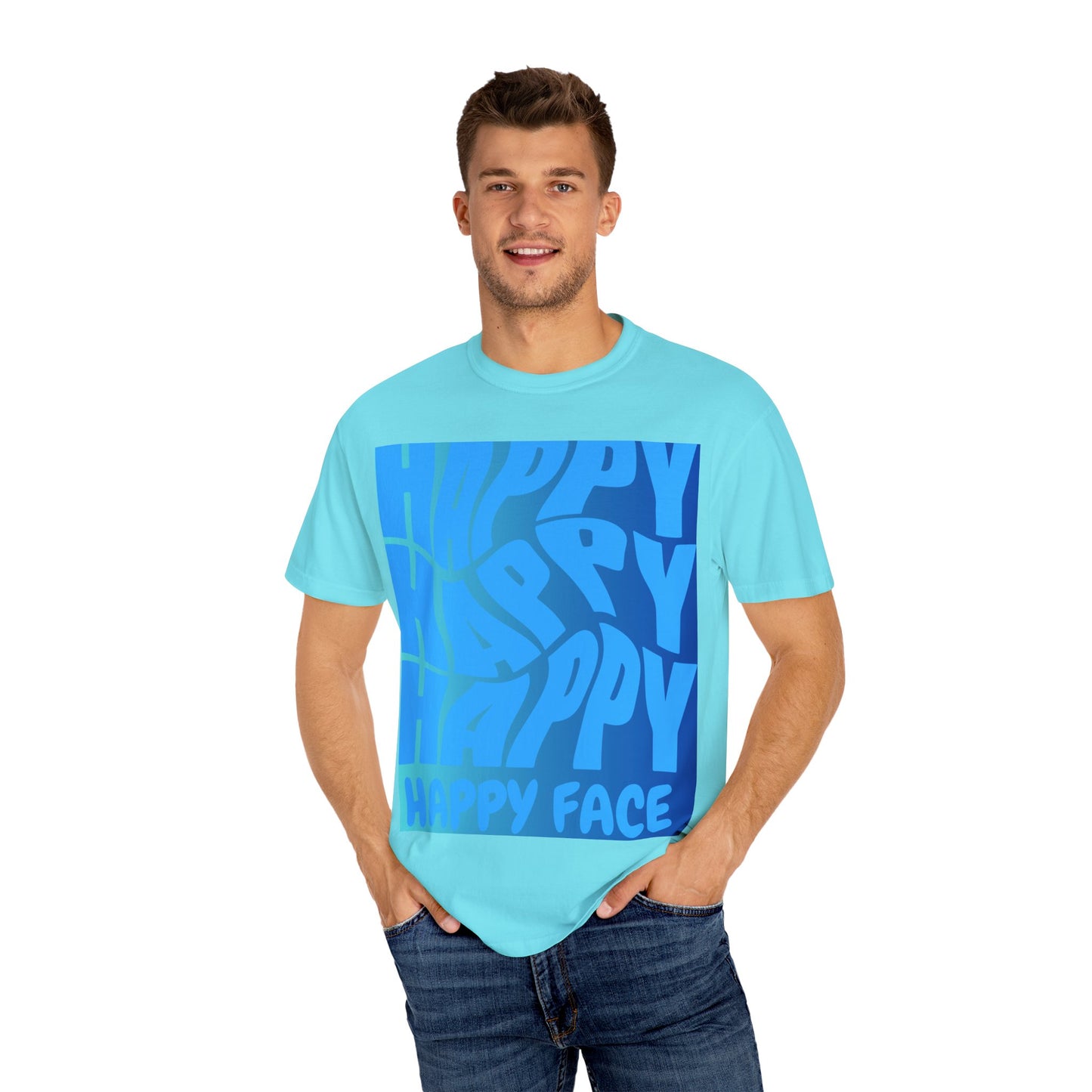 Happy Face Unisex Garment-Dyed T-shirt, Casual Wear, Graphic Tee, Gift for Friends, Summer Clothing, Positive Vibes