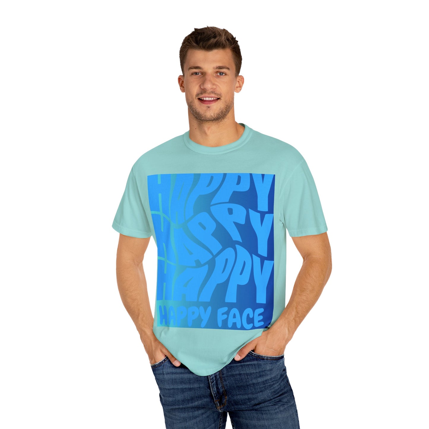 Happy Face Unisex Garment-Dyed T-shirt, Casual Wear, Graphic Tee, Gift for Friends, Summer Clothing, Positive Vibes