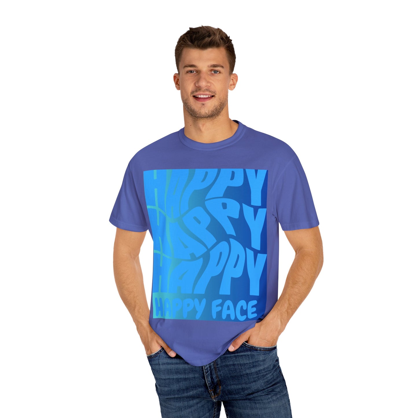 Happy Face Unisex Garment-Dyed T-shirt, Casual Wear, Graphic Tee, Gift for Friends, Summer Clothing, Positive Vibes