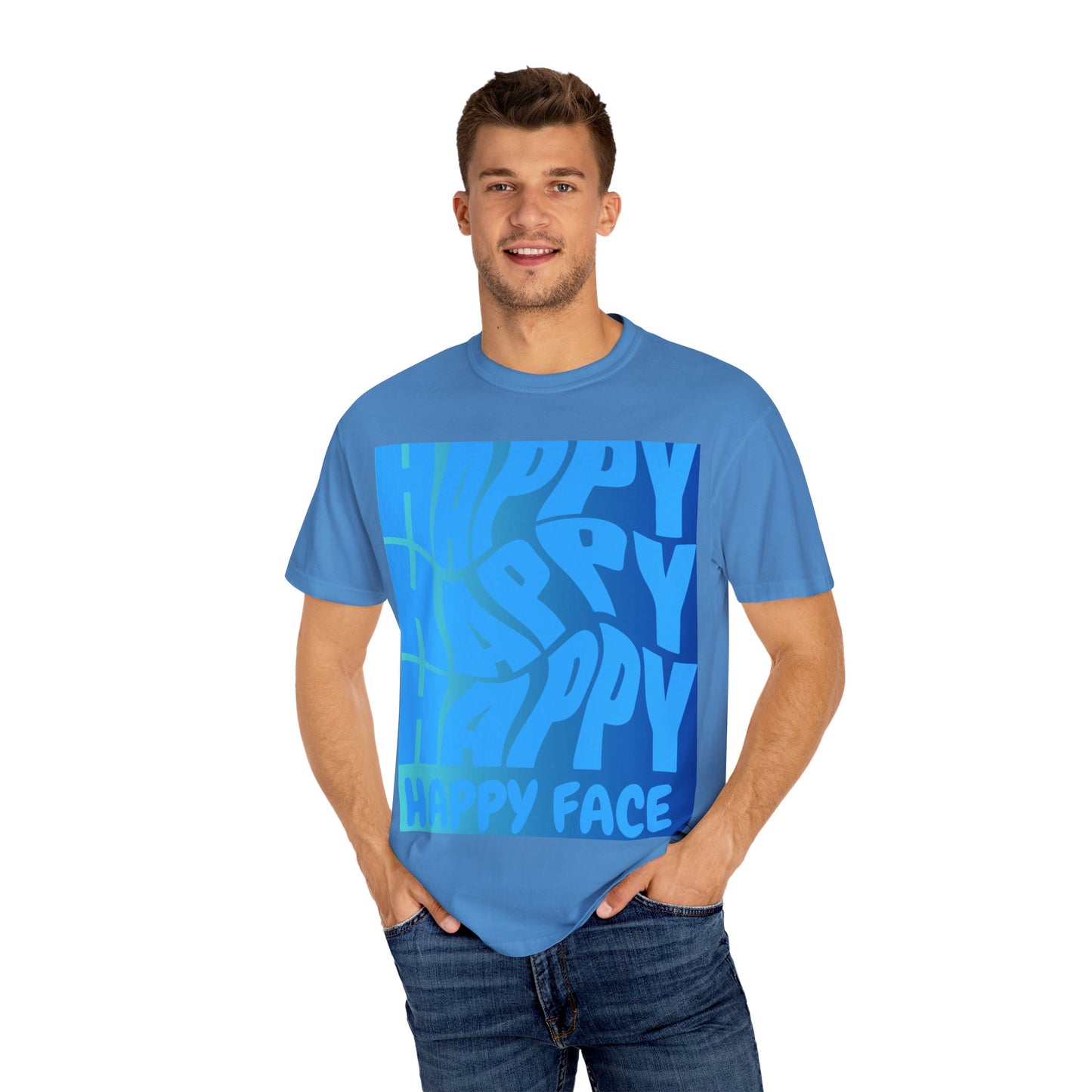 Happy Face Unisex Garment-Dyed T-shirt, Casual Wear, Graphic Tee, Gift for Friends, Summer Clothing, Positive Vibes