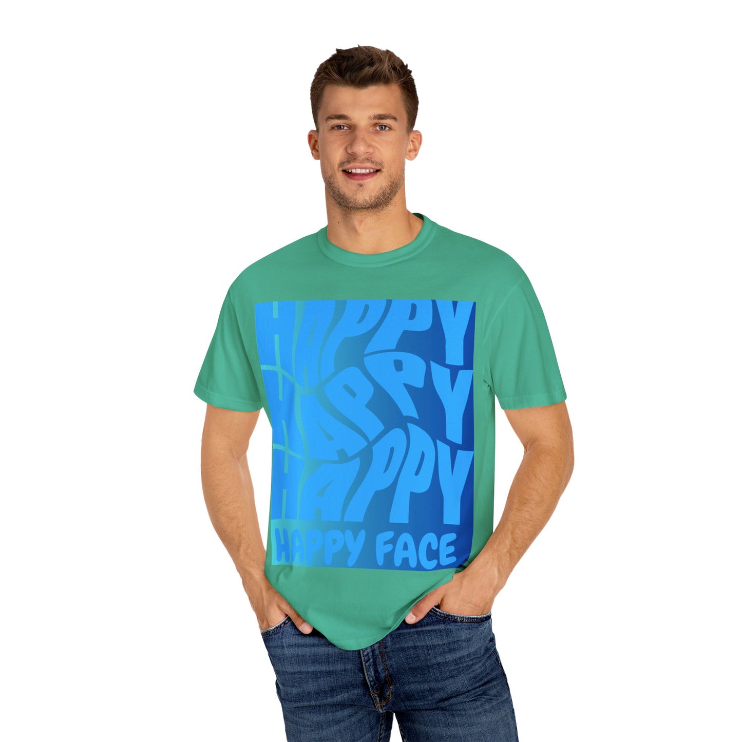 Happy Face Unisex Garment-Dyed T-shirt, Casual Wear, Graphic Tee, Gift for Friends, Summer Clothing, Positive Vibes