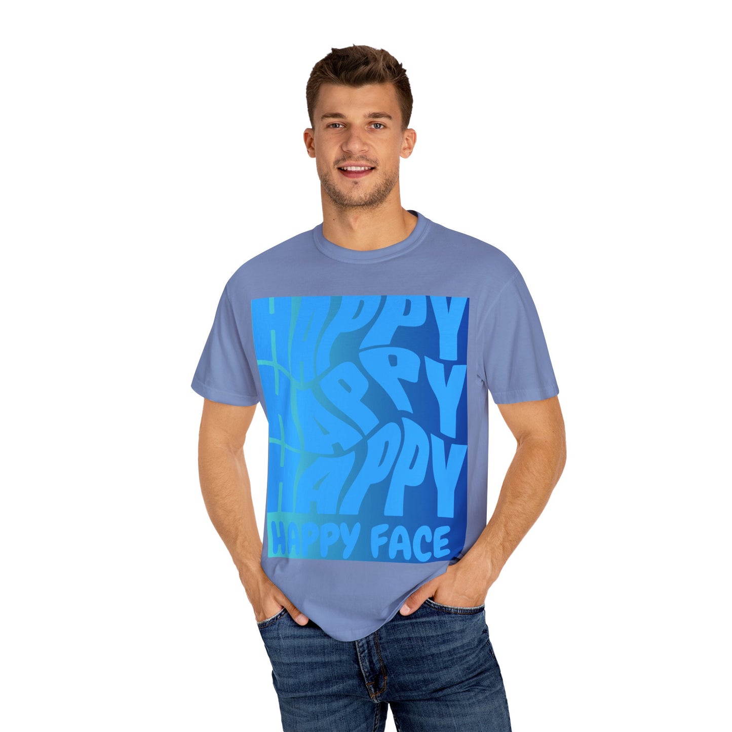 Happy Face Unisex Garment-Dyed T-shirt, Casual Wear, Graphic Tee, Gift for Friends, Summer Clothing, Positive Vibes